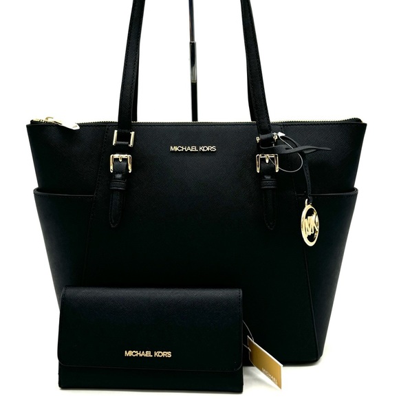Michael Kors Large Charlotte TZ Tote Bag & Large Trifold Wallet Black/Gold
